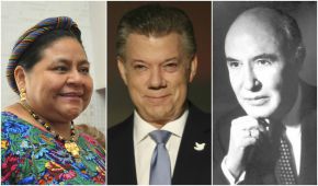 De izquierda a derecha: Rigoberta Menchú, de Guatemala, Juan M. Santos, de Colombia, y Alfonso García, de México