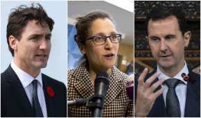 El primer ministro de Canadá, Justin Trudeau, su canciller Chrystia Freeland y el presidente sirio Bashar al Assad